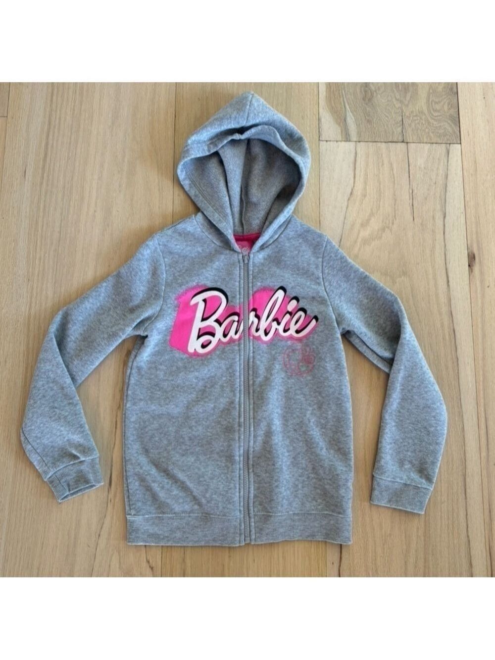 Barbie Gray And Pink Zip Up Hoodie Sweatshirt Size Girls 10/12